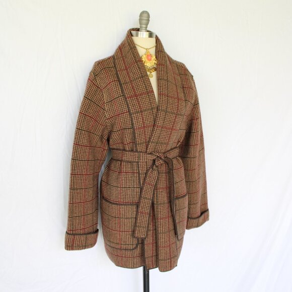 Ralph Lauren Vintage cardigan sweater Jacket Houndstooth Plaid Belted Polo RRL - Picture 4 of 9